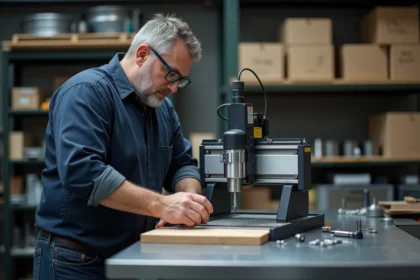 Technicien installant une fraise de précision sur une machine CNC compacte dans un atelier équipé d'accessoires compatibles