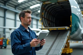 Technicien en overalls inspectant un Airbus A330 en hangar