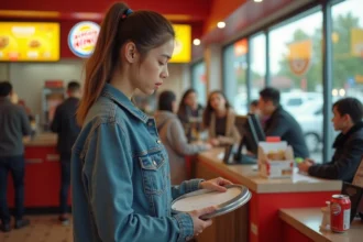 Jeune femme cherchant son ticket perdu au comptoir d'un restaurant Burger King