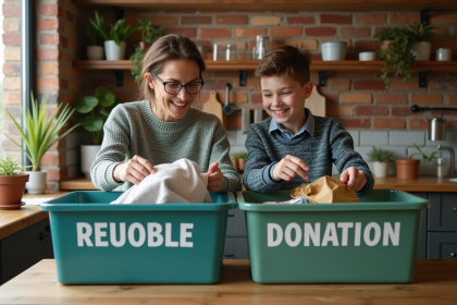 Femme et garçon triant recyclables dans la cuisine