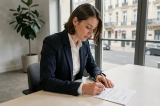 Femme professionnelle vérifiant un contrat de bail de bureau à Nancy avant de signer