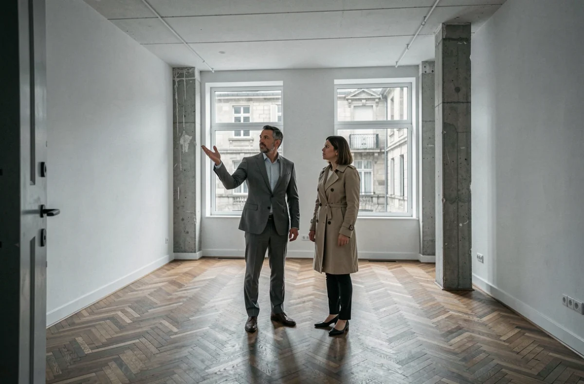 Deux professionnels visitant un espace de bureau vide à louer à Nancy