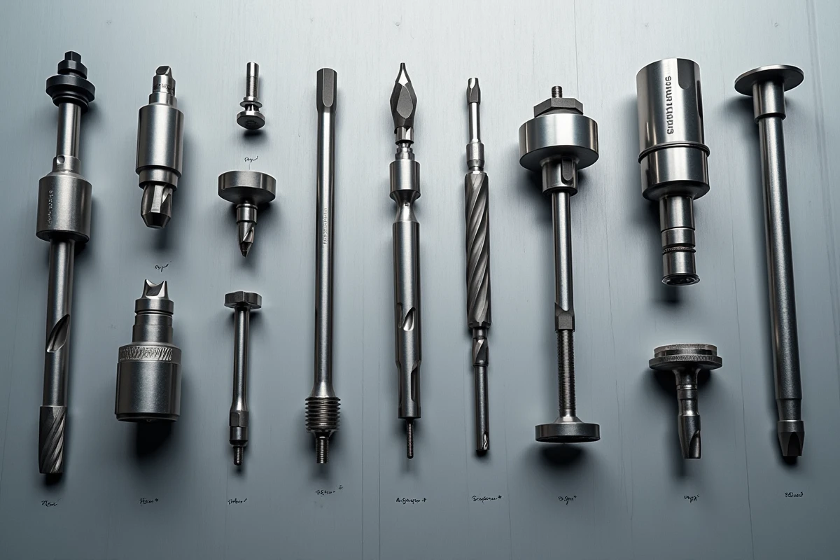 Vue aérienne d'une collection d'accessoires et outils compatibles pour fraiseuse CNC disposés sur une surface métallique grise