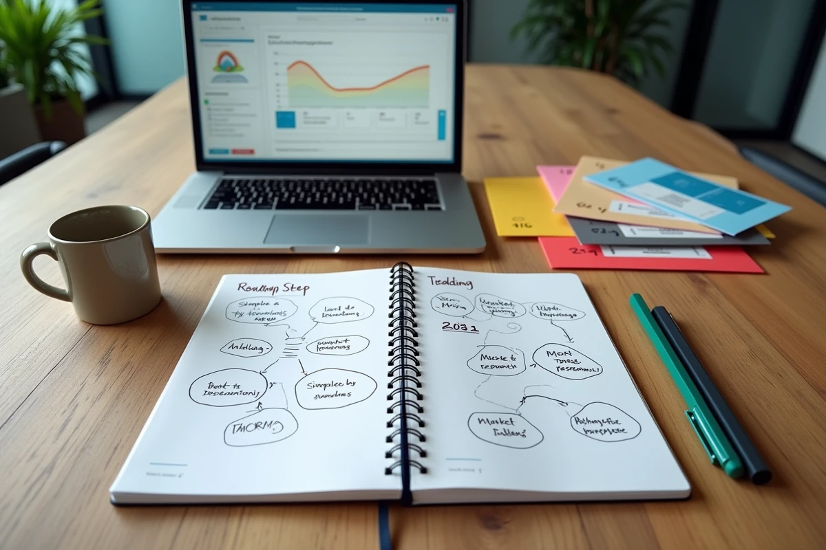 Vue de dessus d'un bureau avec carnet de notes, ordinateur portable et dossiers pour la planification d'une stratégie de niche en 2026