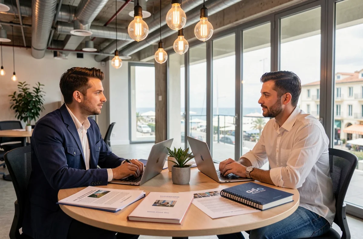 Deux consultants digitaux de Web Alliance en réunion autour de stratégies Google Ads avec vue sur Cannes