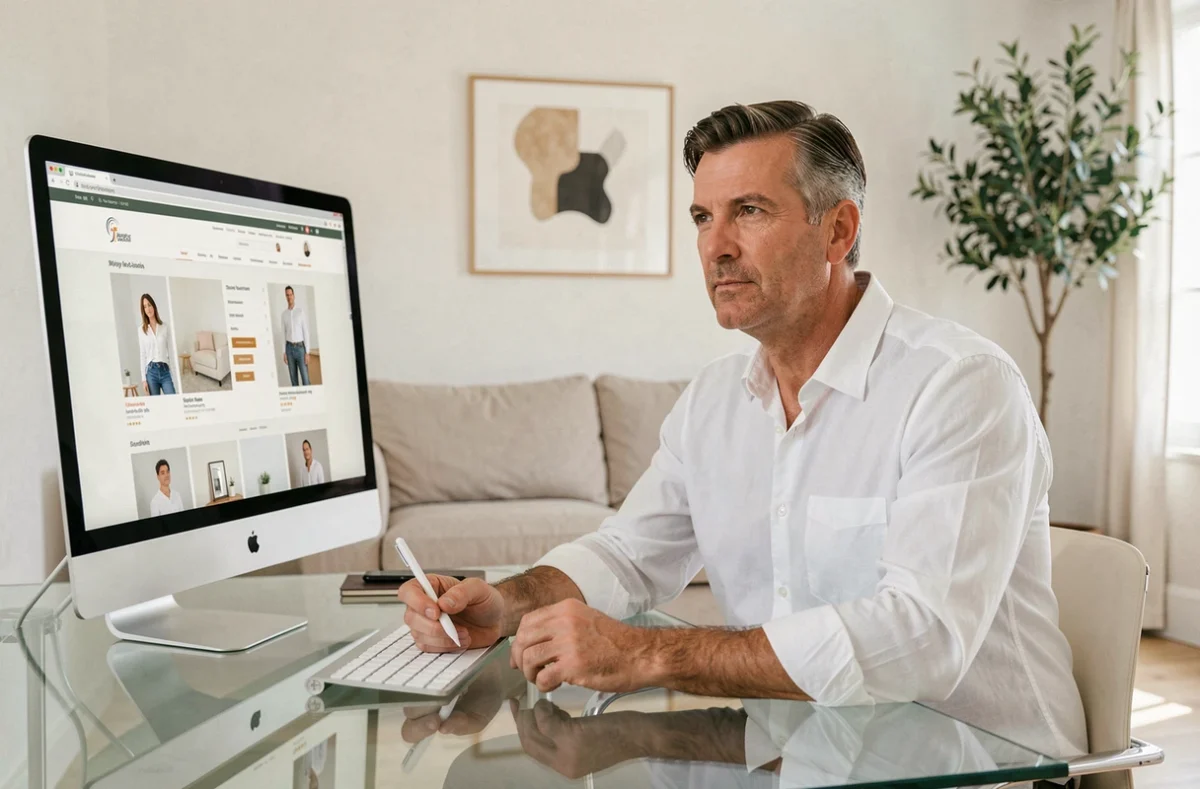 Yan C. Vige, consultant digital indépendant, travaillant sur un site e-commerce dans un home studio minimaliste